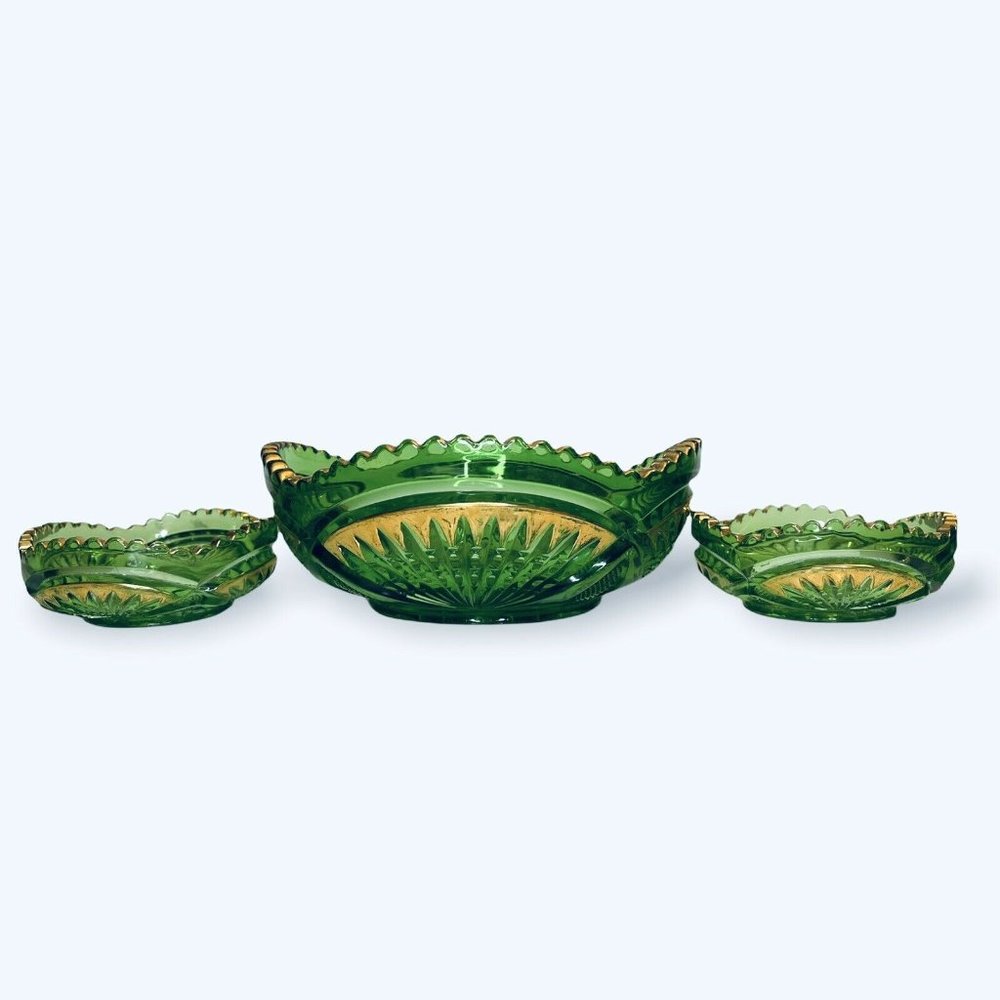 RARE Heisey Glass Emerald Green Pineapple and Fan Gold Bowls EAPG 1898 Set of 3